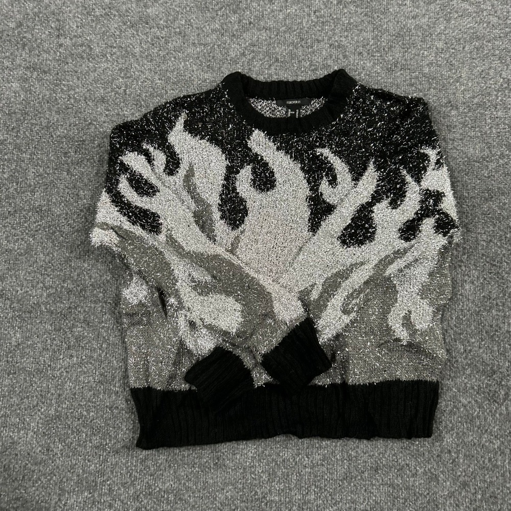 Forever 21 Sweater Womens XS Black Silver Metallic Flame Knit Tinsel Streetwear